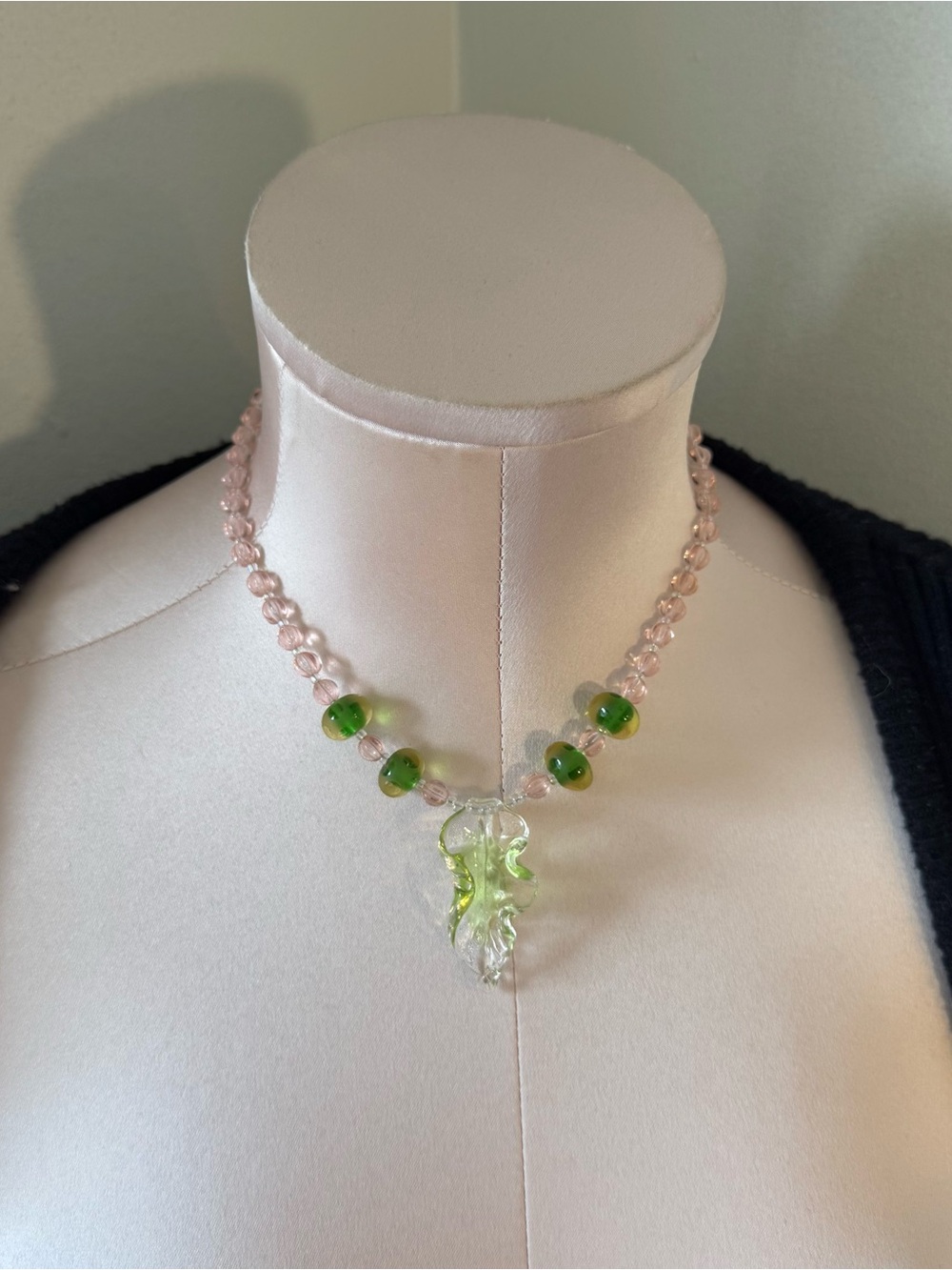 Delicate Pink Bead Necklace with Green Glass Pendant
